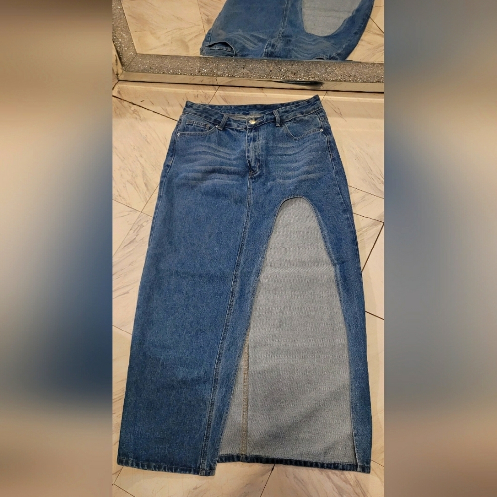 Denim high spit maxi skirt